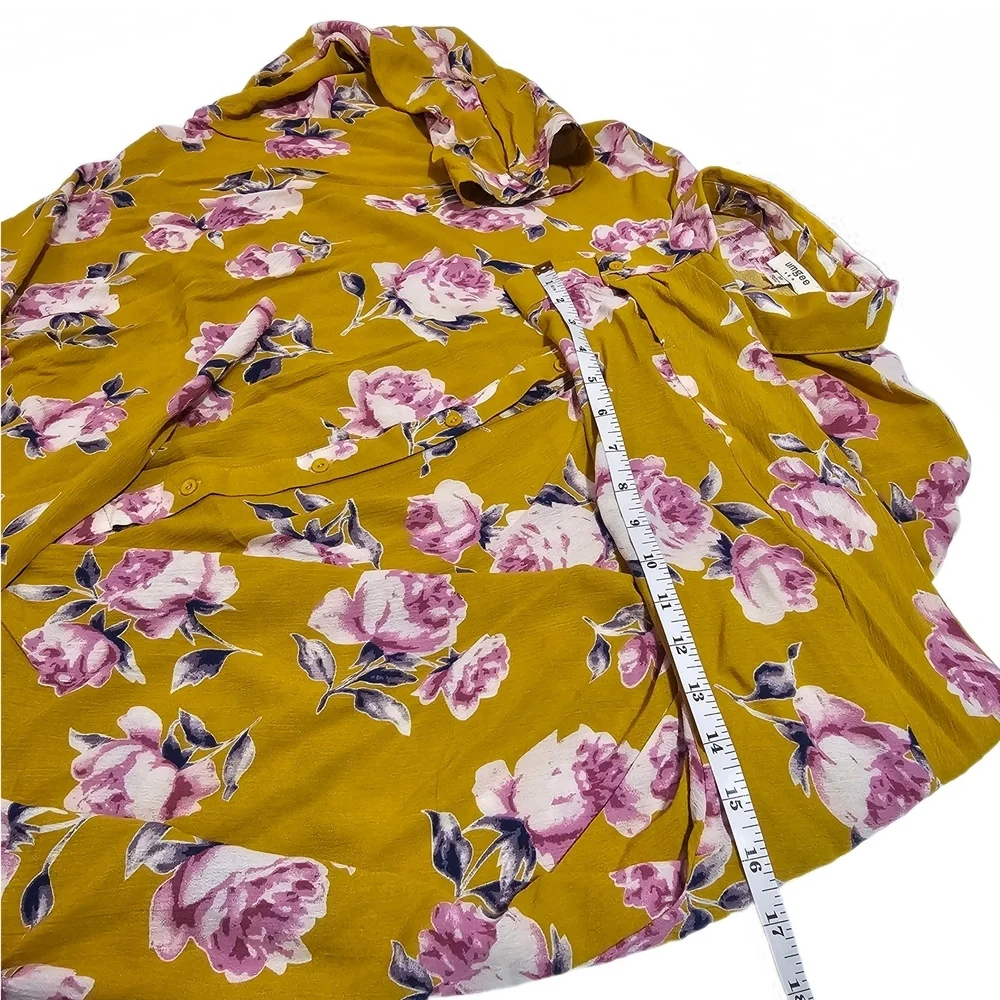Umgee Top Yellow Pink Floral Drape Crossover Twist Hem Blouse Top Button Front